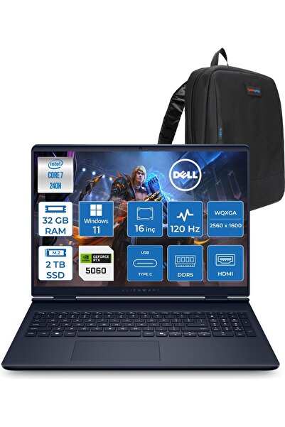 Dell Alienware 16AC16250 7 240H 32GB 2tbSSD W11PRO 8gb RTX5060 16Inç 2K AC162...