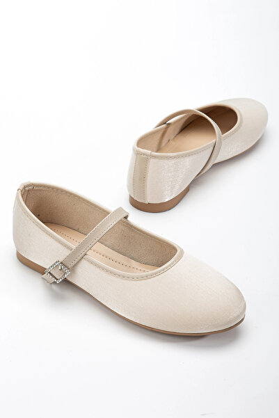 bakacstore Women's Beige Shiny Fabric Detailed Stylish Ballerinas