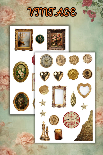 birikiyedi 2-Piece Vintage/Retro Themed Frames, Hearts, Symbols Sticker Set/B...