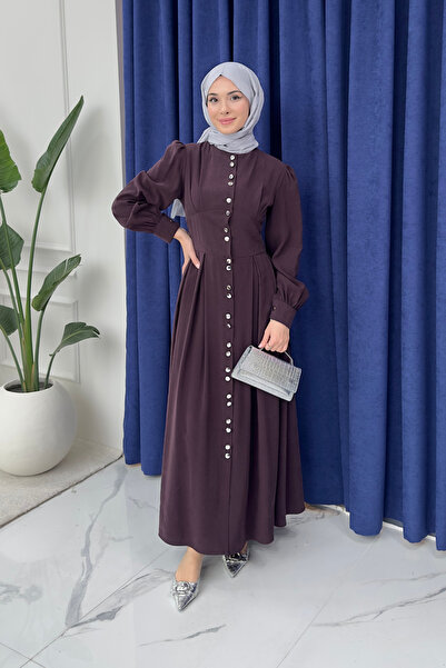 Tesettür Diyarı فستان موكا كوبرا تانسيل بأزرار أمامية - لون البرقوق