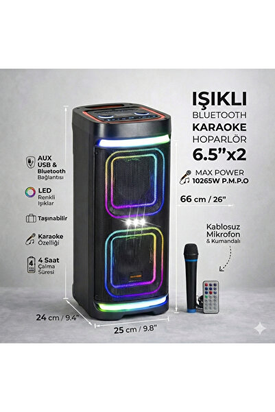 JNUOBI Işıklı Bluetooth Karaoke Hoparlör 2x6.5" Mikrofonlu 10265W