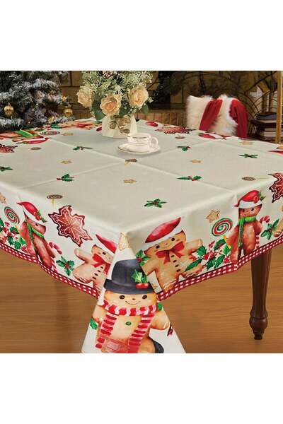 OEM Ecru Christmas Tablecloth with Gingerbread Man Figurine Pattern 120x120cm