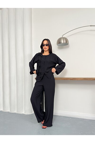 Nazline طقم نسائي من قماش الموسلين بأكمام وأرجل مزينة بشريط أمامي وأزرار، صنع...