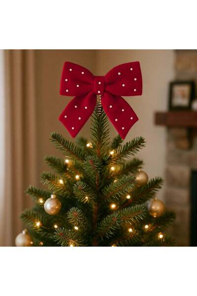 OEM Χριστουγεννιάτικο Δέντρο Βελούδο Ρωσικό Φιόγκο με Λευκές Χάντρες 26x27εκ.