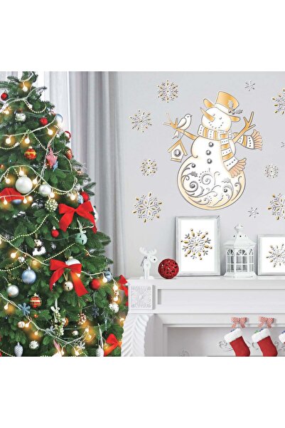 OEM Decorative Christmas Stickers Snowman & Snowflakes Champagne Silver 18x23cm
