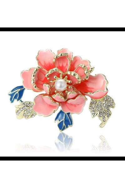 ESJ Zirkon Taş İnci Detay Pembe Şakayık Çiçeği Kadın Broş Ebat: 4*5,1 cm Şans...