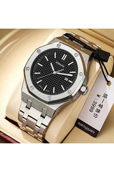 AIMANA Luxury Men's Watch - Royal Oak Style, Black Grid Dial, Stainless Steel...