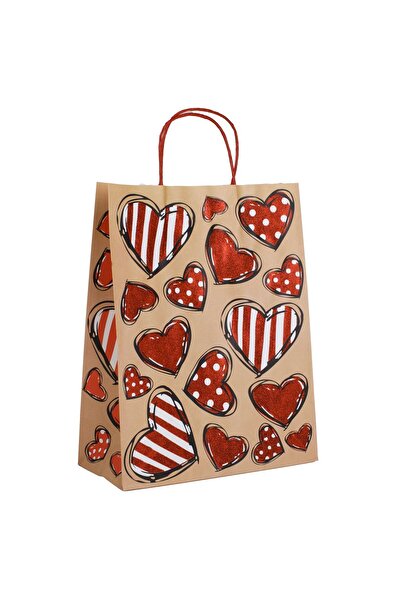 OEM Beige Paper Gift Bag with Red Hearts & Glitter 26x12x33cm