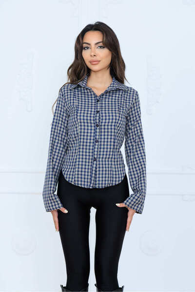MODAMERSİ Women's Navy Blue Plaid Patterned Fitted Shirt