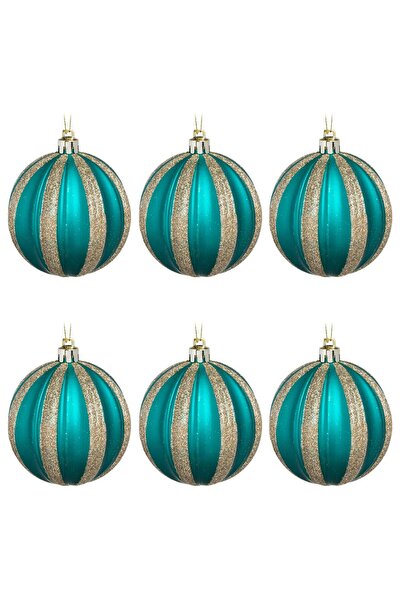 OEM Set Globuri de Craciun Petrol cu Dungi Reliefate & Glitter Sampaniu Ø8cm ...