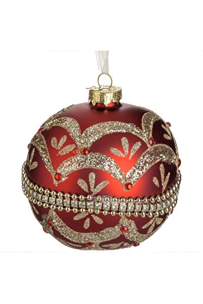 OEM Ornament Brad de Craciun Glob din Sticla Rosie Mat cu Glitter Sampaniu Ø10cm