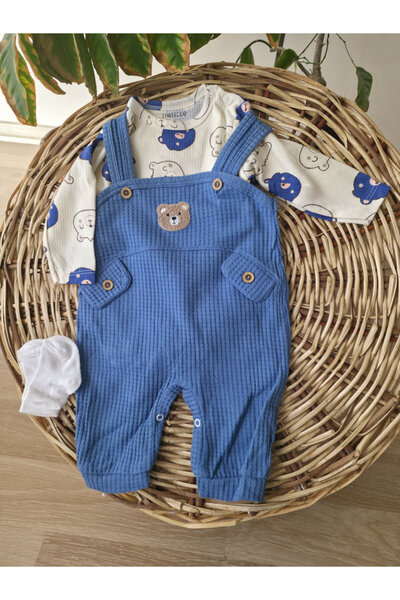 NAFİTO Waffle Textured Buttoned Baby Salopet Set 100% Cotton Long Sleeve Body...