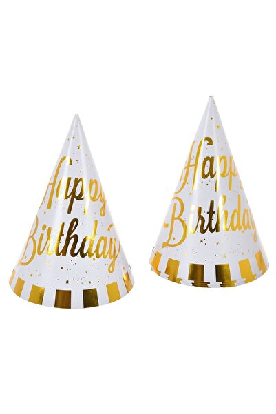 OEM White Cardboard Party Hats with Stripes & Gold Foil "Happy Birthday" 16cm...