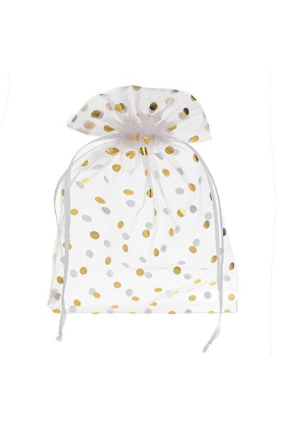 OEM Saculet Organza Alb cu Buline Aurii din Folie 15x20cm