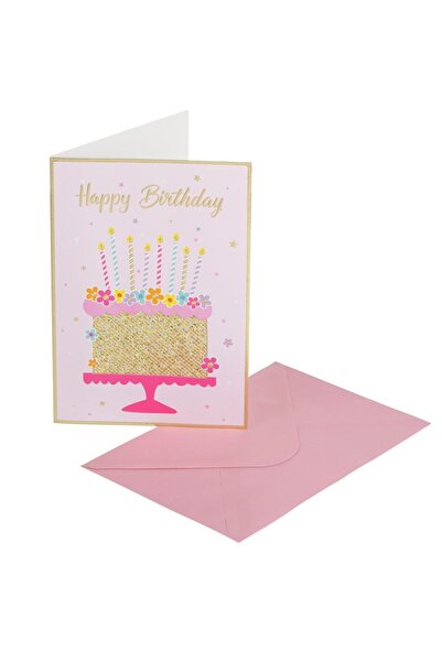 OEM Κάρτα Γενεθλίων Ροζ Τούρτα Κεριά & Χρυσό Γκλίτερ  "Χρόνια Πολλά " με Φάκε...