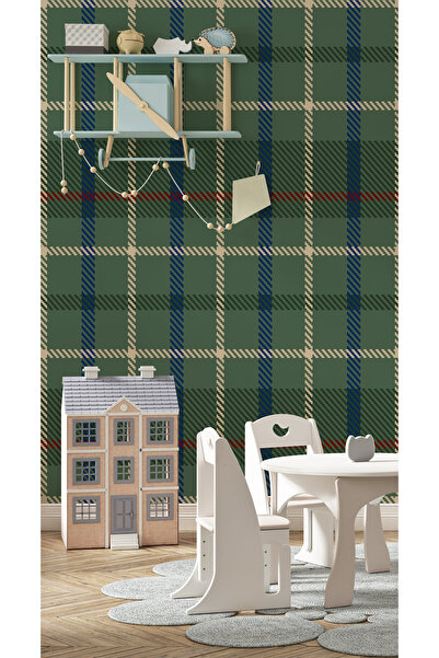Tasarım Yeşil Ekose Duvar Kağıdı Poster – Klasik Kareli Çocuk Odası Duvar Dekoru