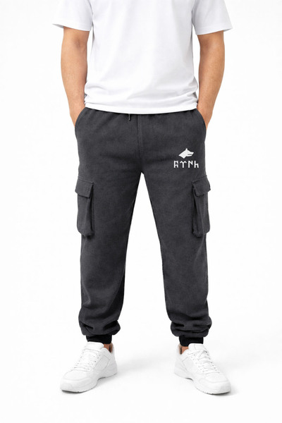 MODA Turkish Bozkurt Kurt Göktürkçe Printed Anthracite Cargo Pocket Rubber Le...