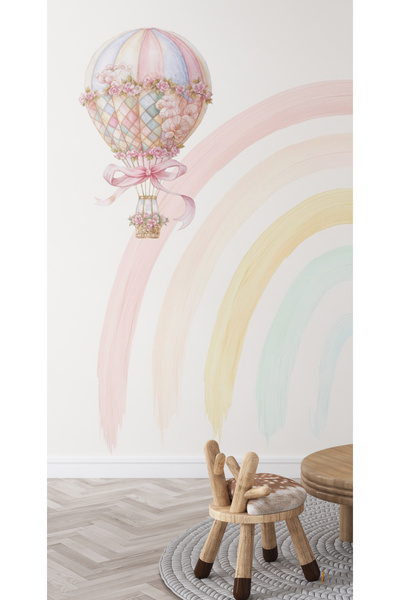 Tasarım Pastel Gökkuşağı Duvar Kağıdı Poster – Balon ve Masalsı Figürlü Çocuk...