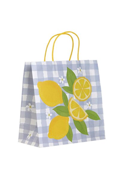 OEM White Kraft Gift Bag with Blue Checkered Pattern Lemons 26x12x26cm