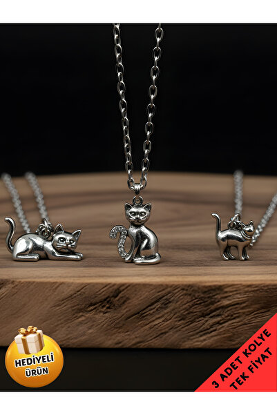 Piercing Market Steel & Silver 3 Lü Set Kombin Kolye Kedi Figürlü Özel Tasarı...