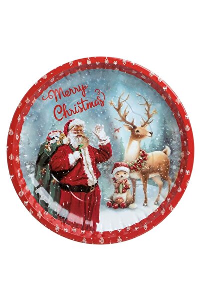 OEM Farfurie Metalica Decorativa de Craciun Rosie cu Model Mos Craciun & Ren ...