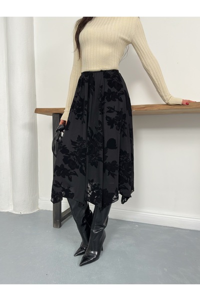 Nazline Tulle Asymmetrical Skirt Floral Pattern