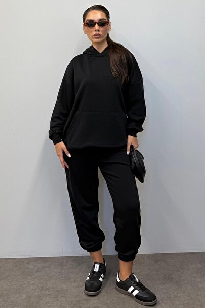 Madmext Black Hooded Women's Tracksuit Set Mg1225