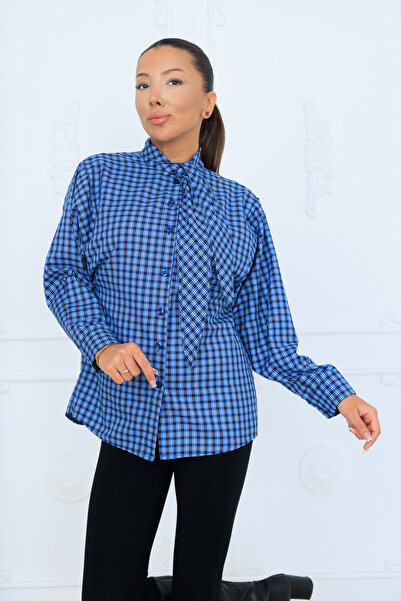 LE CARAMBOLE Women's Blue Plaid Patterned Shirt with Scarf Detail