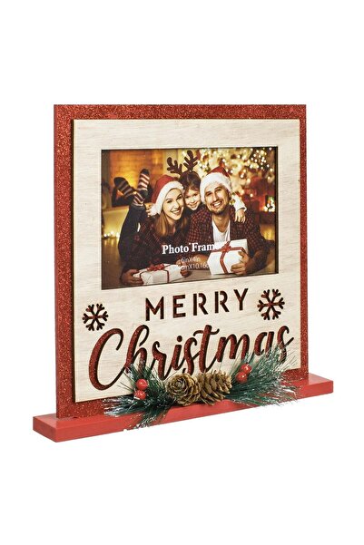 OEM Rama Foto din Lemn Rosu cu Glitter & Conuri de Craciun 22x21cm