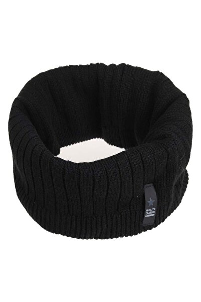 OEM Black Knitted Circular Scarf Fleece Lining & Star Patch for Men