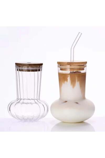 ELEGANT HOME 2 Piece Glass Cup with Straw and Wooden Lid for Coffee, Tea, Jui...