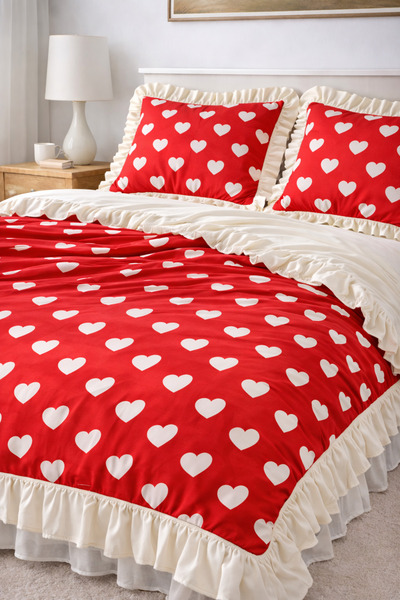 GÖRMEZ TEKSTİL طقم غطاء لحاف مزدوج مكشكش باللونين الأحمر والأبيض من ليلى، مصن...