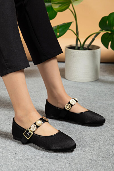 bakacstore Kadın Siyah Gold Aksesuarlı Şık Parlak Kumaş Babet