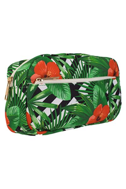 OEM Portfard Verde cu Model Frunze Tropicale & 2 Compartimente 23x5x12cm