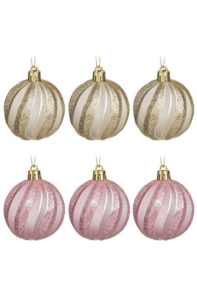 OEM Σετ από Χριστουγεννιάτικες Μπάλες σε Σαμπανιζέ Ροζ με Ανάγλυφες Ρίγες & Μ...