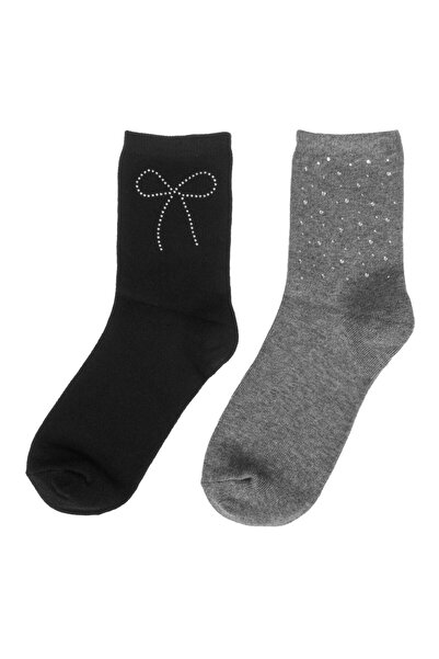 OEM Women's Black Gray Socks with Silver Rhinestone Bow (36-41) - 2 pairs