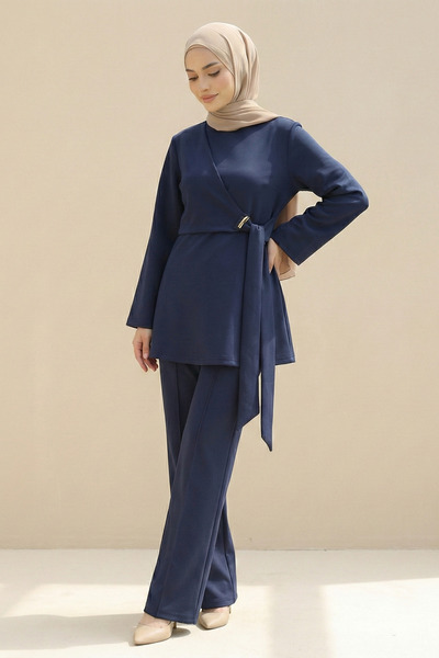 Kirazgym Women's Scuba Fabric Set with Cross-Tie Front and Slit Detail - Navy...