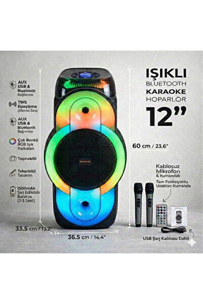 JNUOBI 12" Işıklı Bluetooth Karaoke Hoparlör + 2 Mikrofon