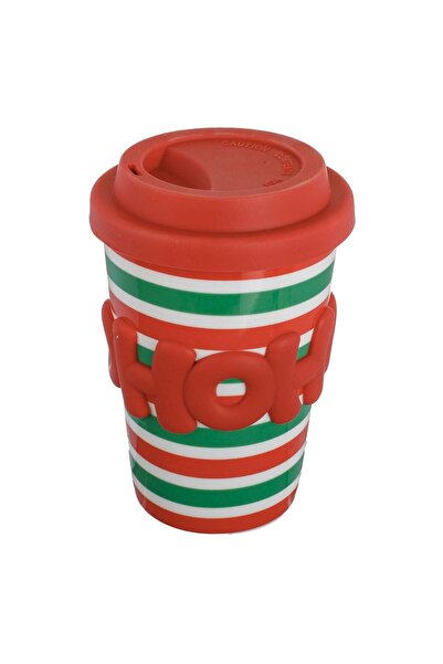 OEM Christmas Porcelain Mug with HO HO Stripes & Silicone Lid 450ml