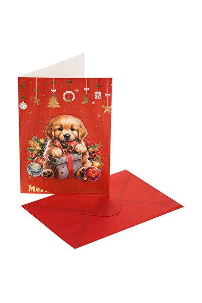 OEM Felicitare de Craciun Rosie cu Catel Cadou & Ornamente "Merry Christmas"1...