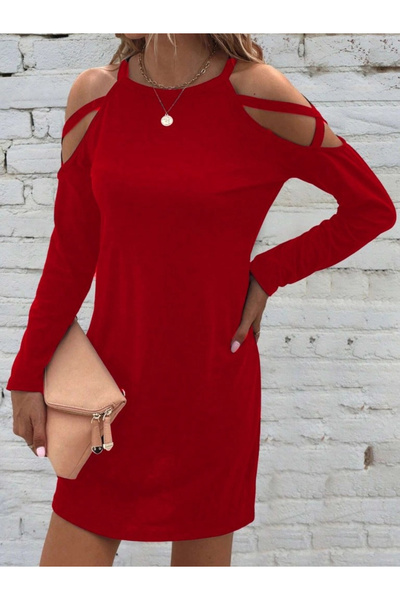 nedo7   Women's Long Sleeve Off-the-Shoulder Strap Detail Viscose Mini Length...