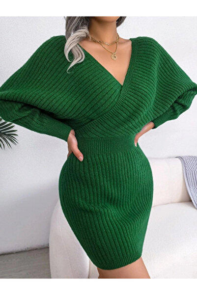 nedo7 Women's Long Sleeve Double-Breasted Wide Neck Mini Knitwear Dress