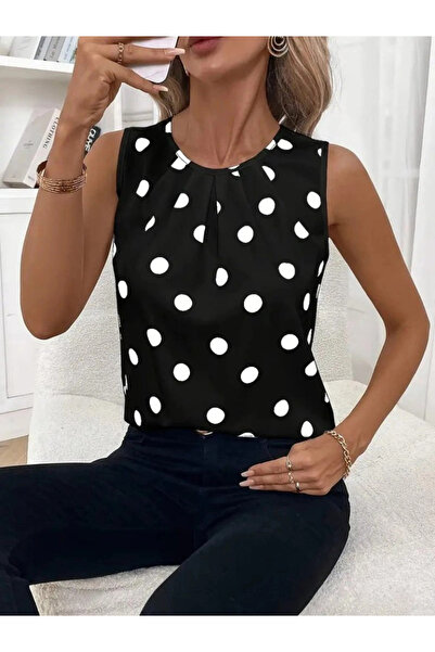 nedo7 Women's Strap Collar Gathered Polka Dot Atlas Blouse