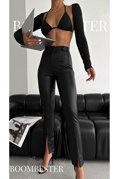 BoomBester Women's Premium Faux Leather Narrow Leg Slit High Waist Trousers –...