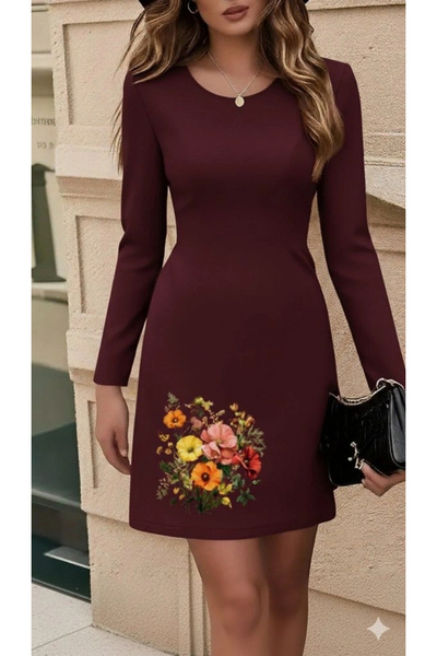 nedo7 Women's Long Sleeve Crew Neck Floral Print Mini Plunging Dress