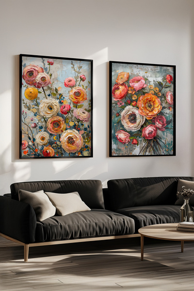 STARYUNA Black Wooden Framed Flower Bouquet Scenic Double Painting Set Yuna505