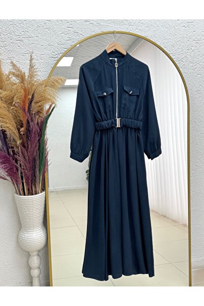 MİHRA STORE Ulku Belted Drawstring Half Zipper Double Pocket Dress-Mn801 Navy...