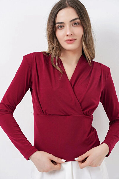 nedo7 Shoulder Shoulder Pad Piece Double-Breasted Collar Blouse 942 - Claret Red