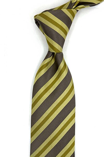Kravatkolik Valette Style Beige - Green Line Pattern Italian Silk Tie İk2296