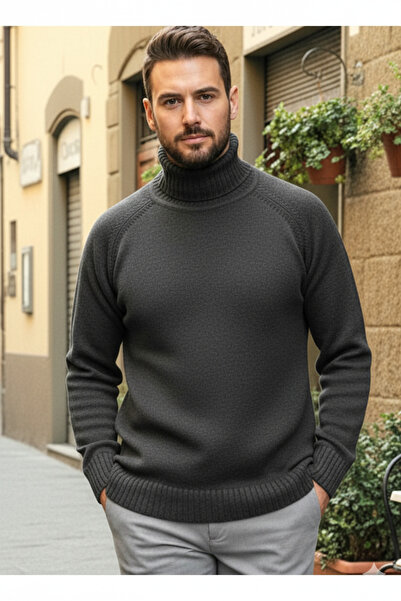 Millionaire Men's Anthracite Italian Raglan Sleeve Detailed Thick Turtleneck ...